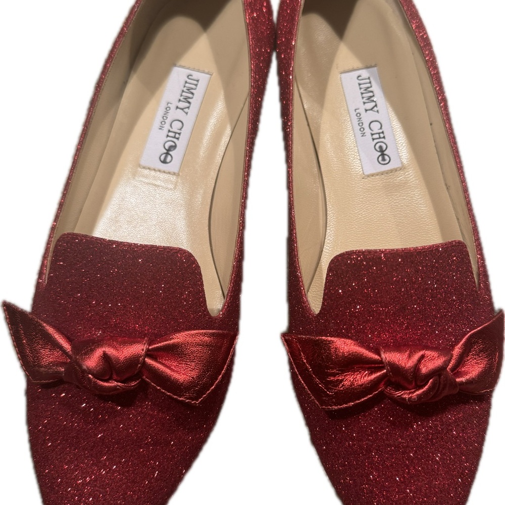 Jimmy Choo Sparkly Red Bow Flats